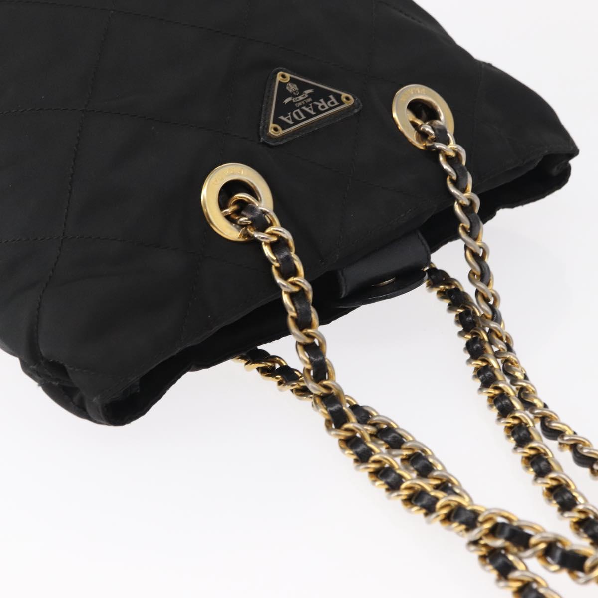 PRADA Chain Hand Bag Nylon Black Gold Auth bs31172
