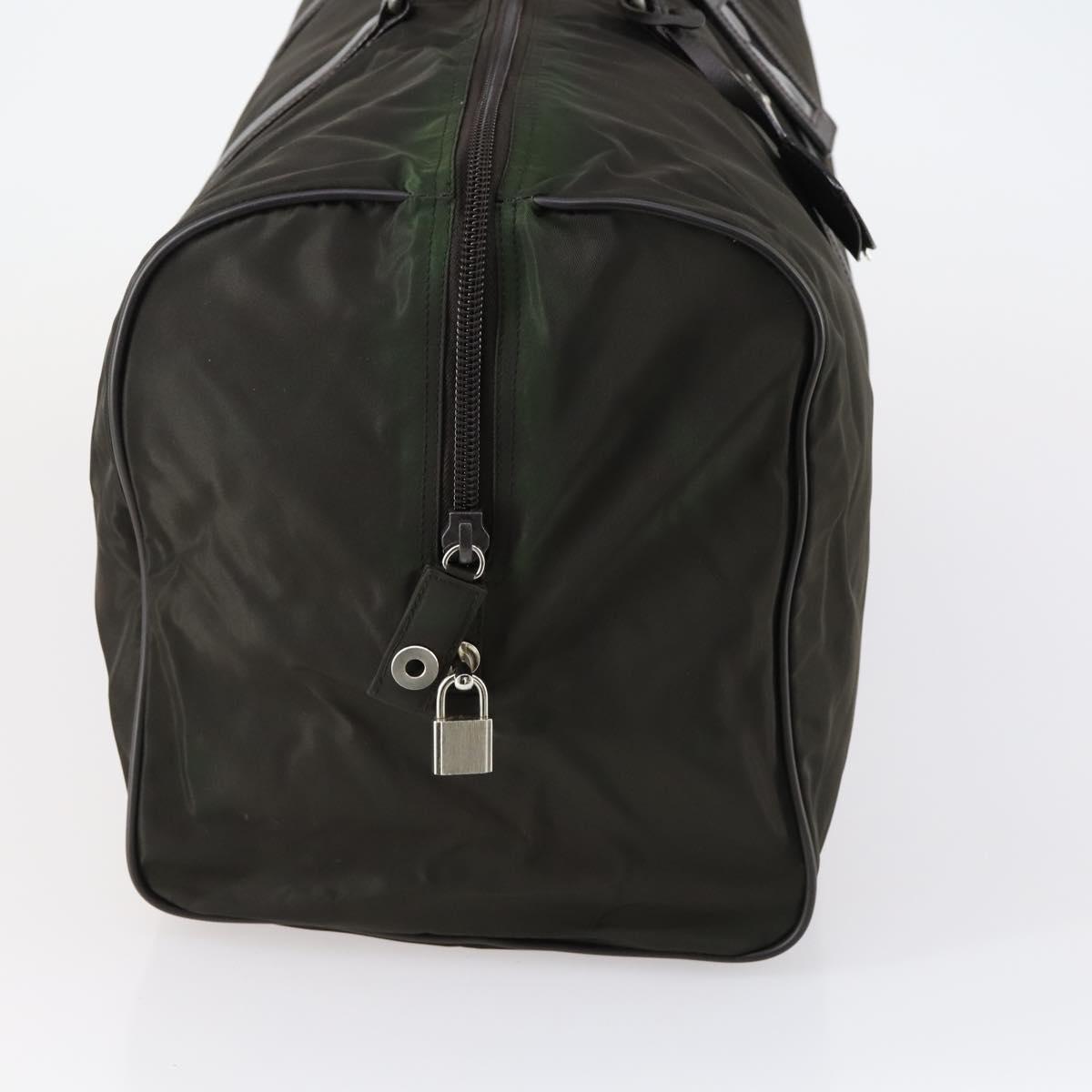PRADA Boston Bag Nylon Leather Khaki Silver Auth bs31176