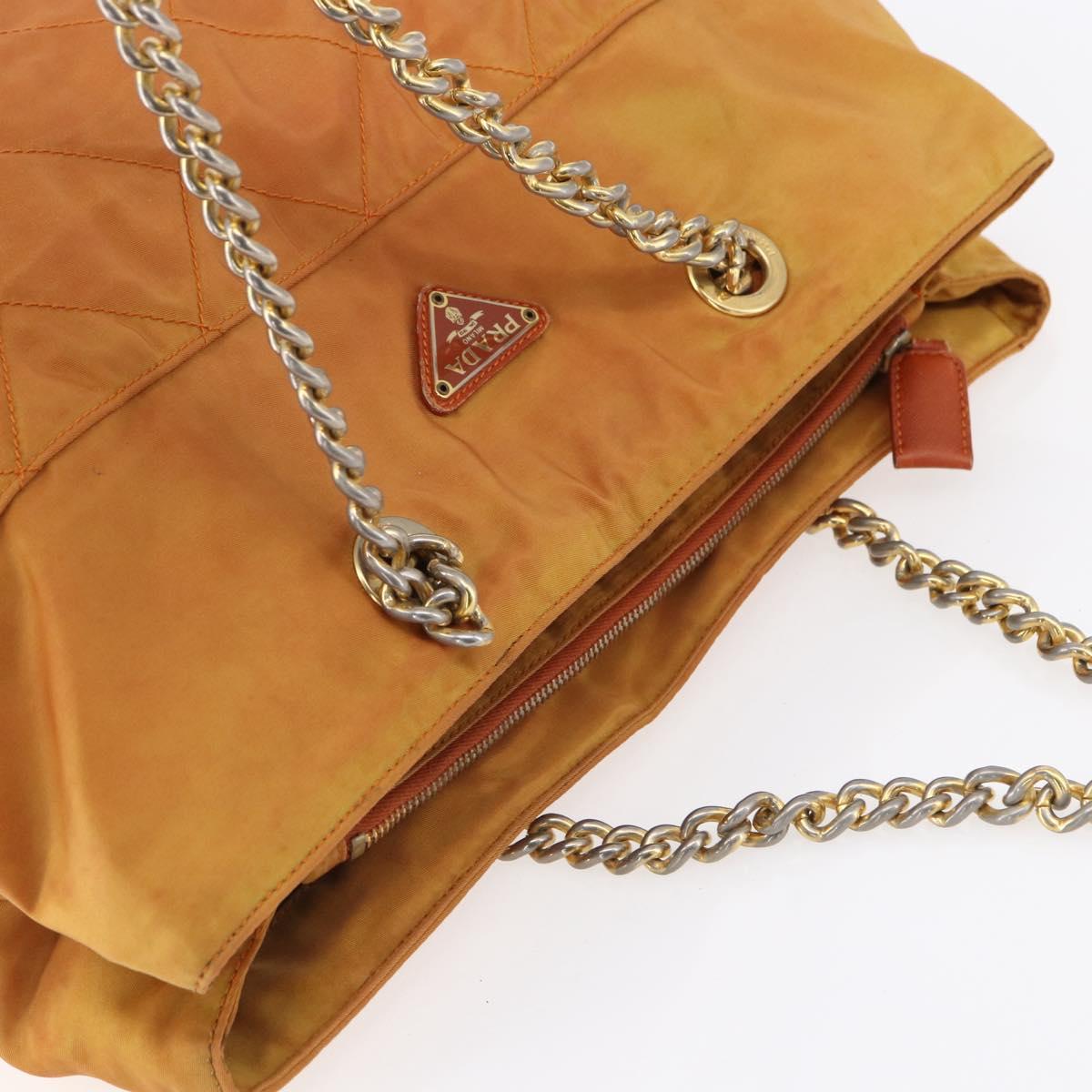 PRADA Chain Shoulder Bag Nylon Orange Gold Auth bs31177