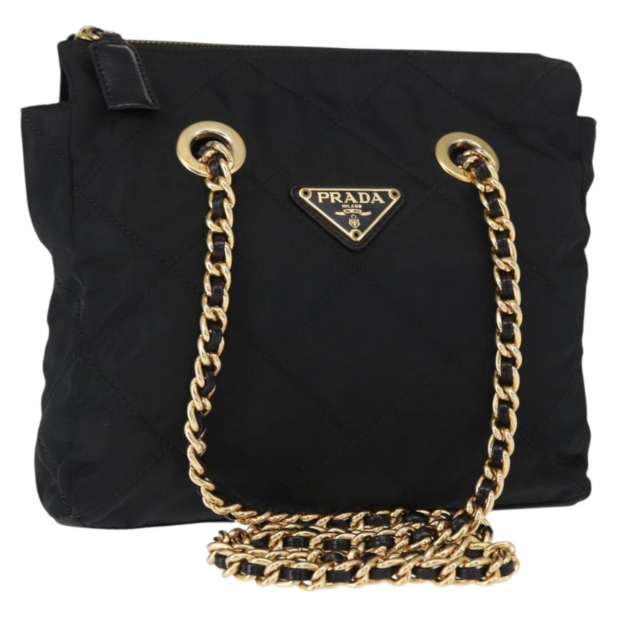 PRADA Chain Shoulder Bag Nylon Black Gold Auth bs31178