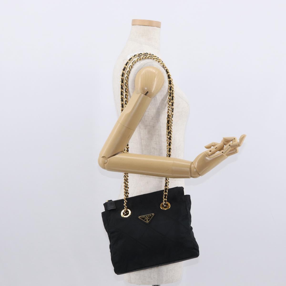 PRADA Chain Shoulder Bag Nylon Black Gold Auth bs31178