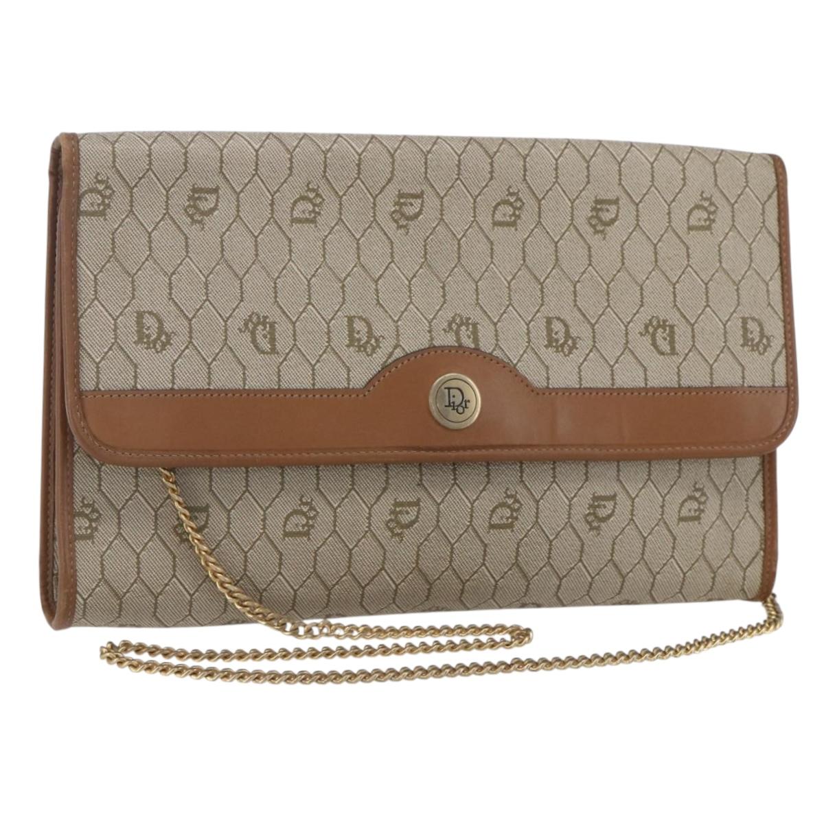 Christian Dior Honeycomb Canvas Chain Shoulder Bag PVC Beige Gold Auth bs31185