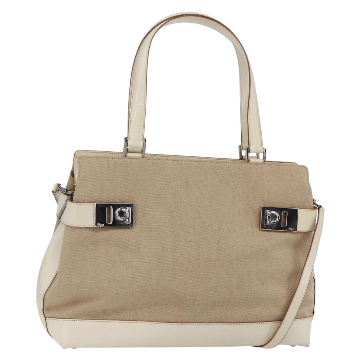 Salvatore Ferragamo Gancini Tote Bag Canvas 2way Beige Silver Auth bs31186