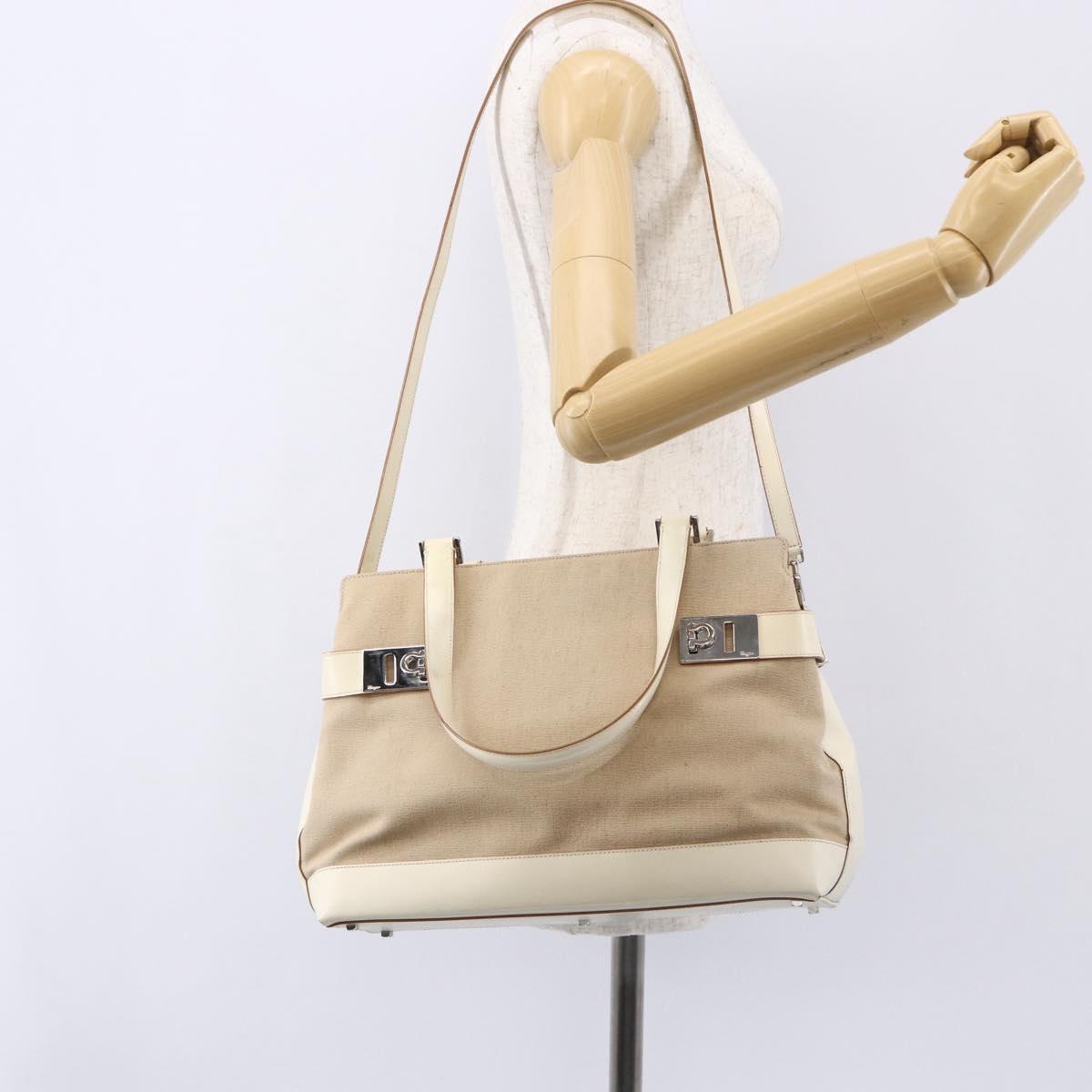 Salvatore Ferragamo Gancini Tote Bag Canvas 2way Beige Silver Auth bs31186