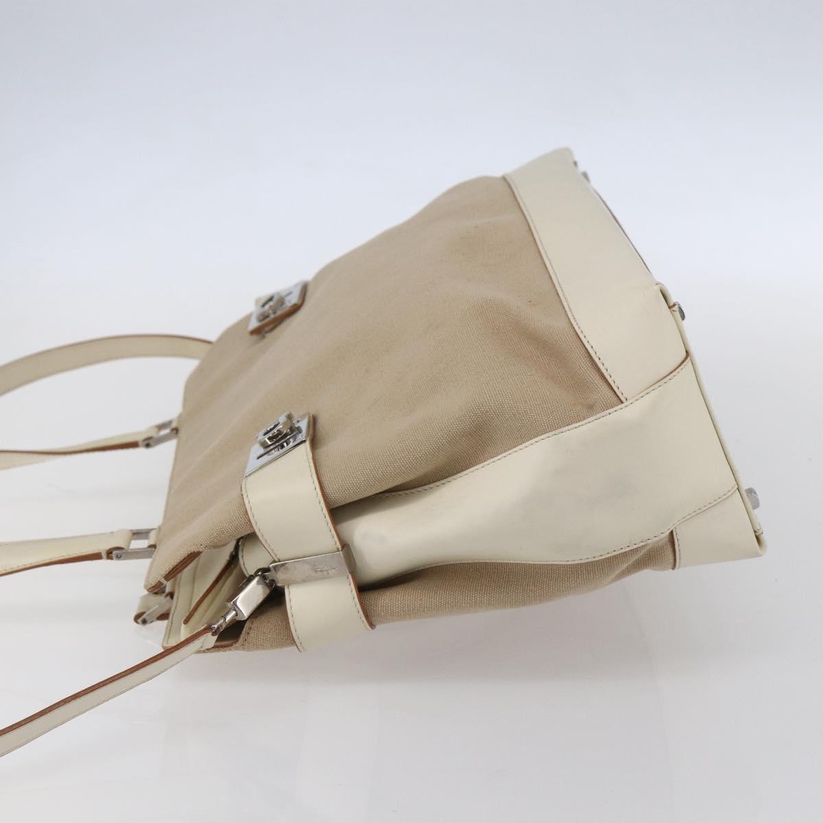 Salvatore Ferragamo Gancini Tote Bag Canvas 2way Beige Silver Auth bs31186