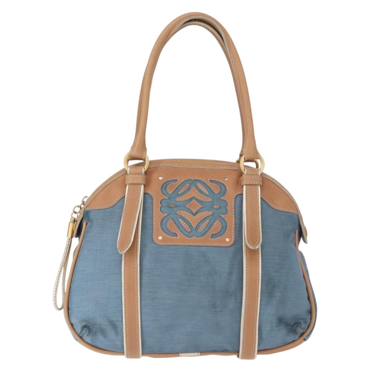 LOEWE Anagram Hand Bag Nylon Blue Gold Auth bs31204