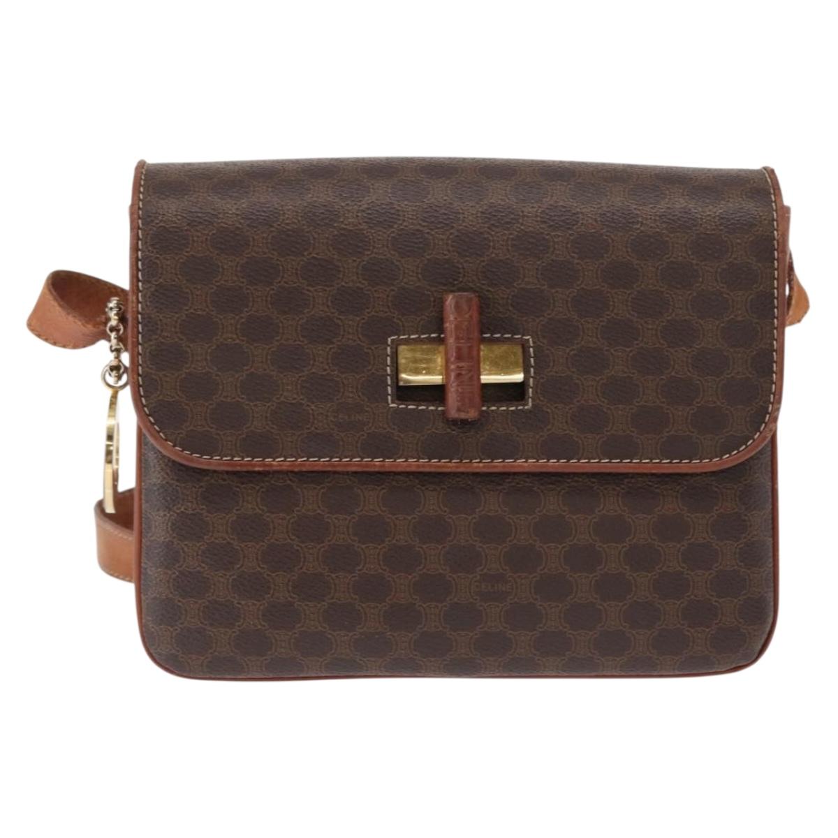 CELINE Macadam Canvas Shoulder Bag PVC Leather Brown Gold Auth bs31208