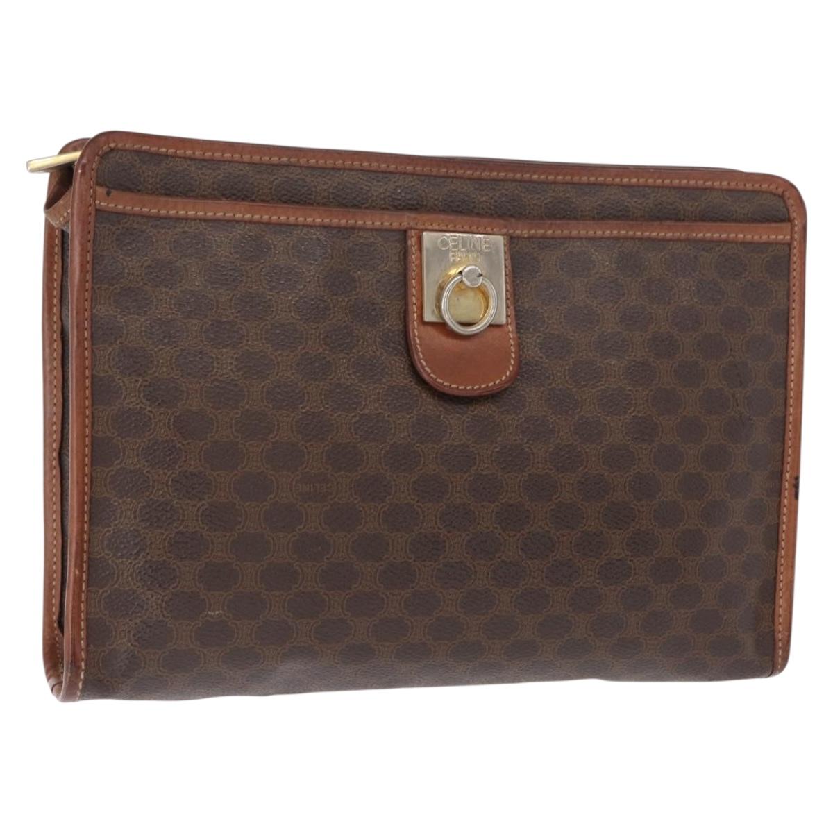 CELINE Macadam Canvas Clutch Bag PVC Leather Brown Gold Auth bs31209