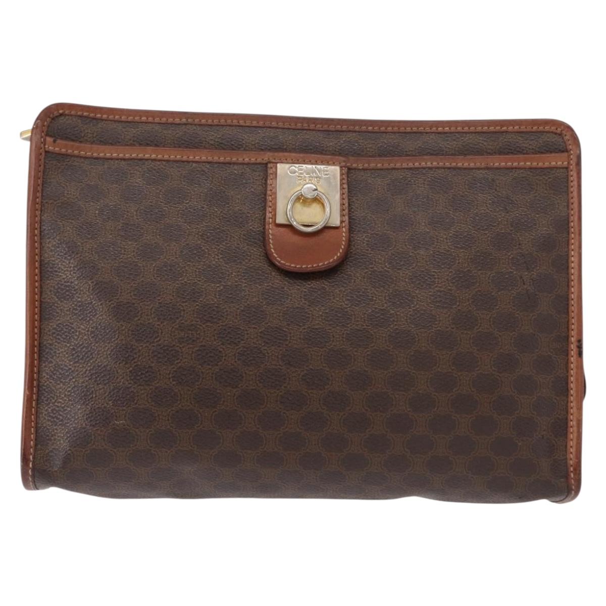 CELINE Macadam Canvas Clutch Bag PVC Leather Brown Gold Auth bs31209