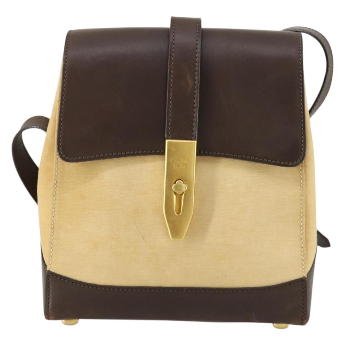 CELINE Shoulder Bag Nylon Leather Brown Gold Auth bs31215