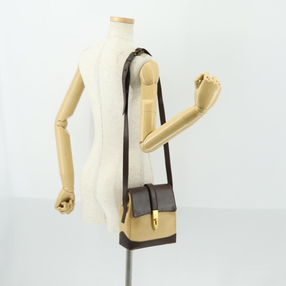 CELINE Shoulder Bag Nylon Leather Brown Gold Auth bs31215