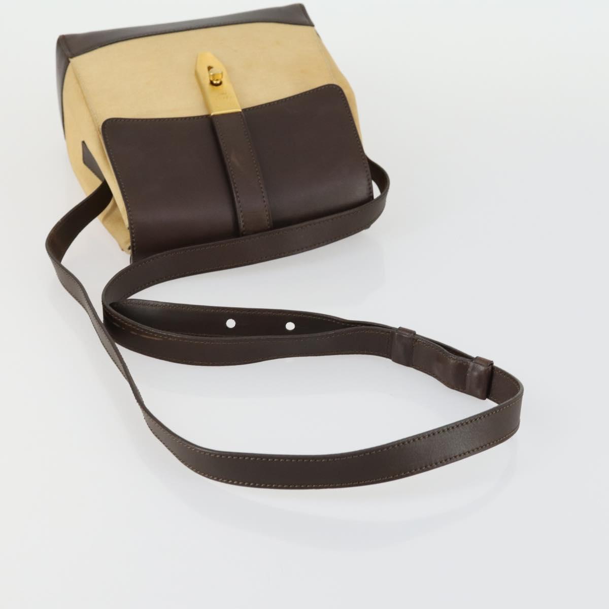 CELINE Shoulder Bag Nylon Leather Brown Gold Auth bs31215