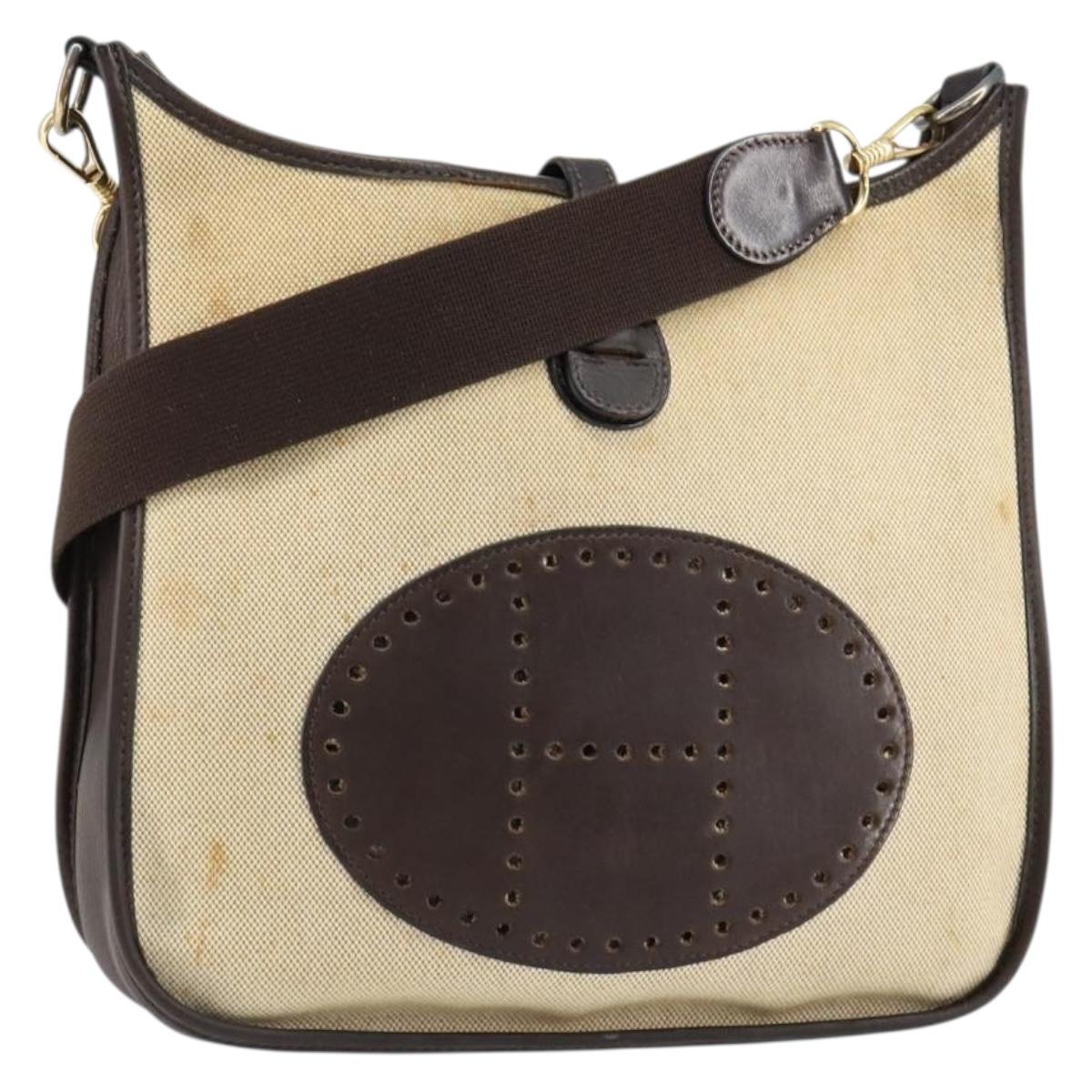 HERMES Evelyn 2 PM Shoulder Bag Leather Canvas Beige Gold Auth bs31216