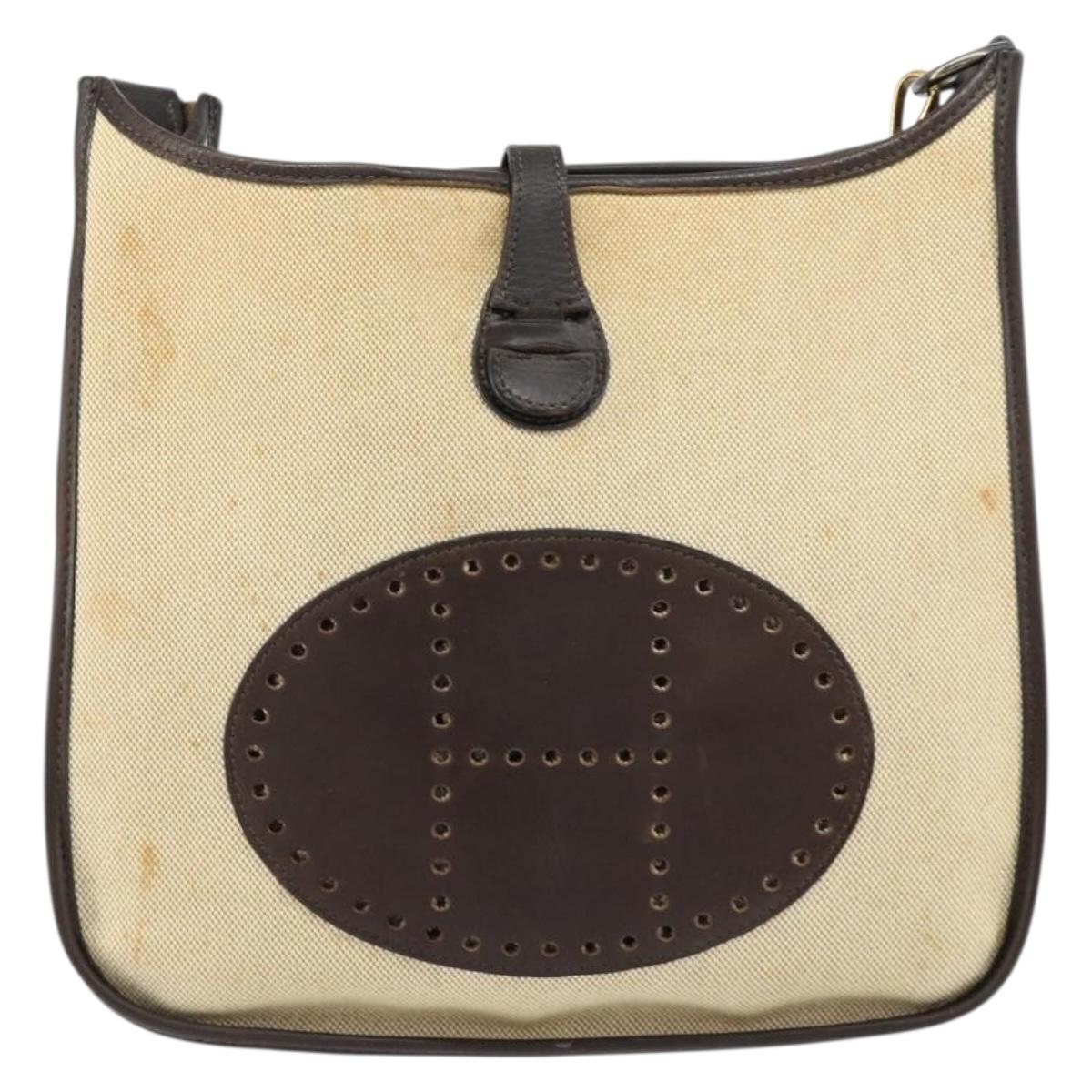 HERMES Evelyn 2 PM Shoulder Bag Leather Canvas Beige Gold Auth bs31216