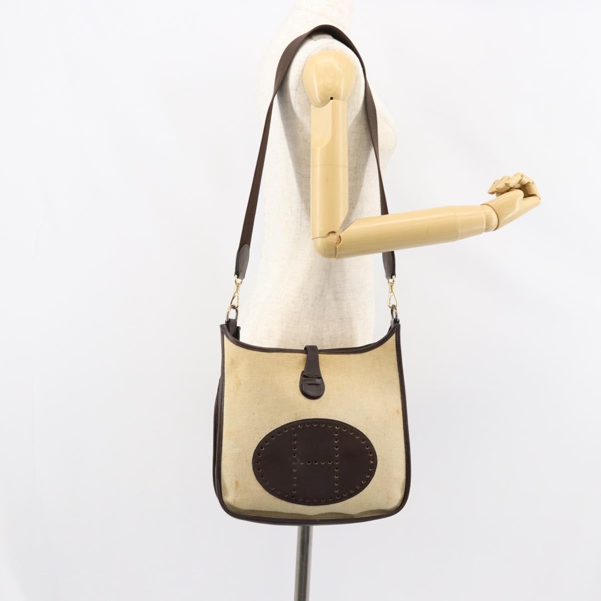 HERMES Evelyn 2 PM Shoulder Bag Leather Canvas Beige Gold Auth bs31216