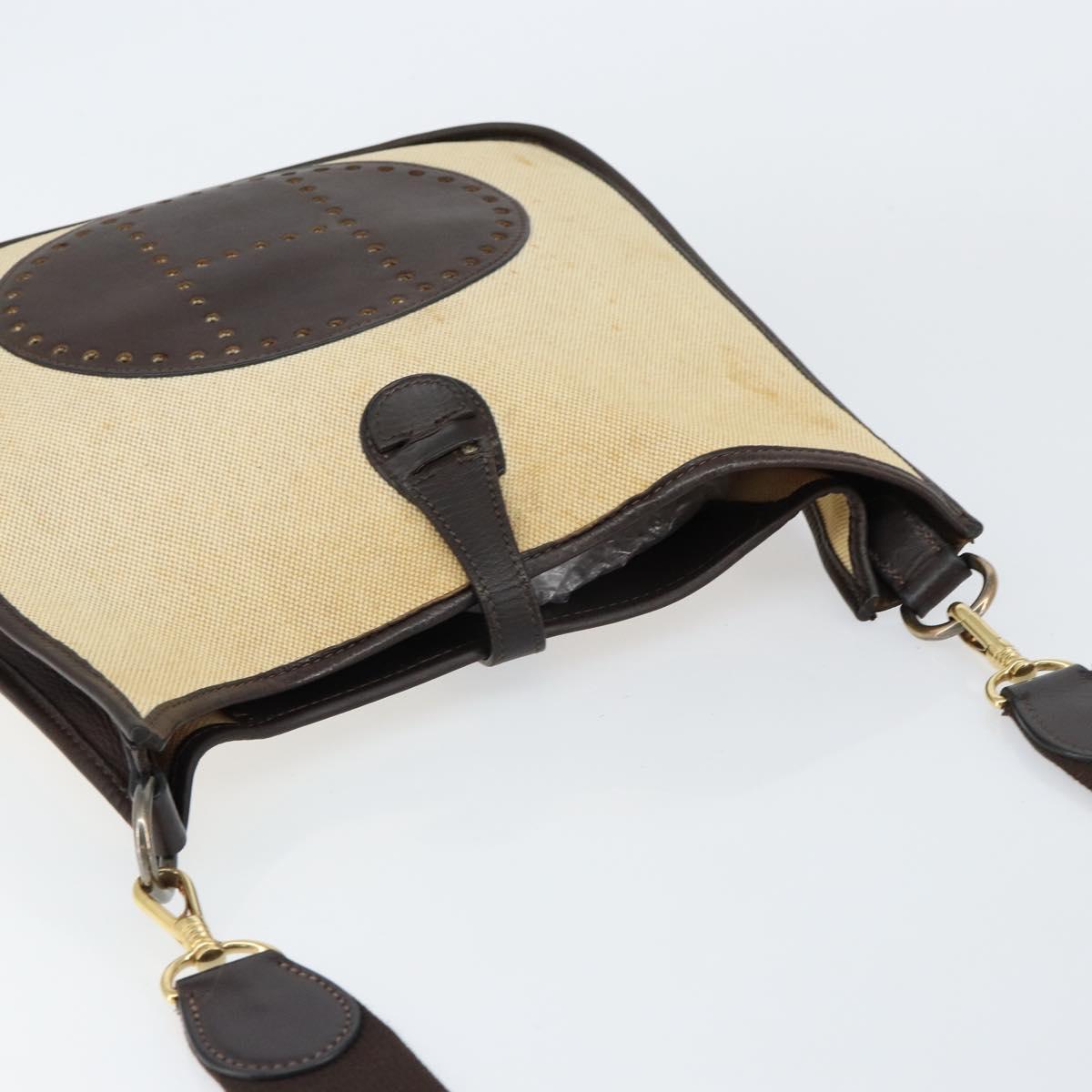 HERMES Evelyn 2 PM Shoulder Bag Leather Canvas Beige Gold Auth bs31216