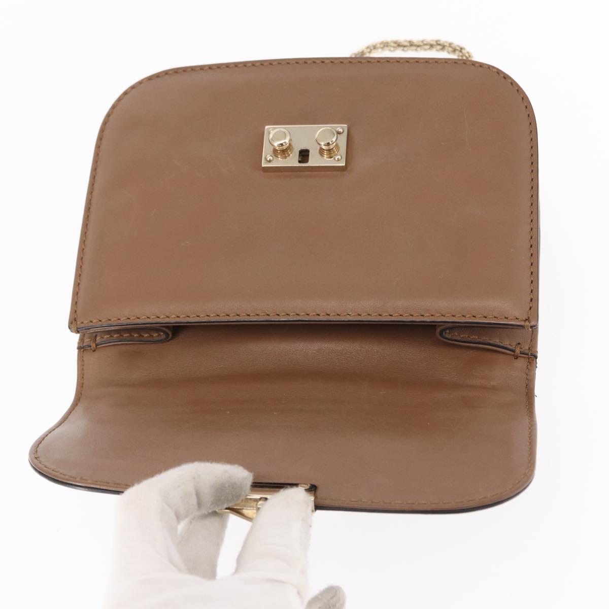 VALENTINO Studs Chain Shoulder Bag Leather Brown Gold Auth bs31220