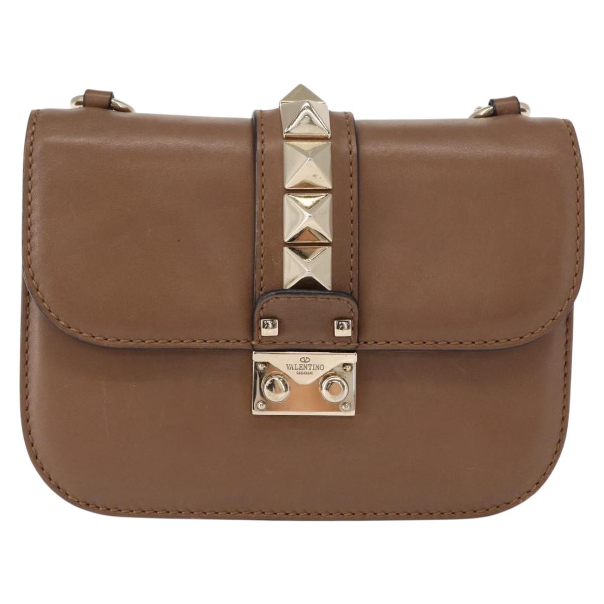 VALENTINO Studs Chain Shoulder Bag Leather Brown Gold Auth bs31220