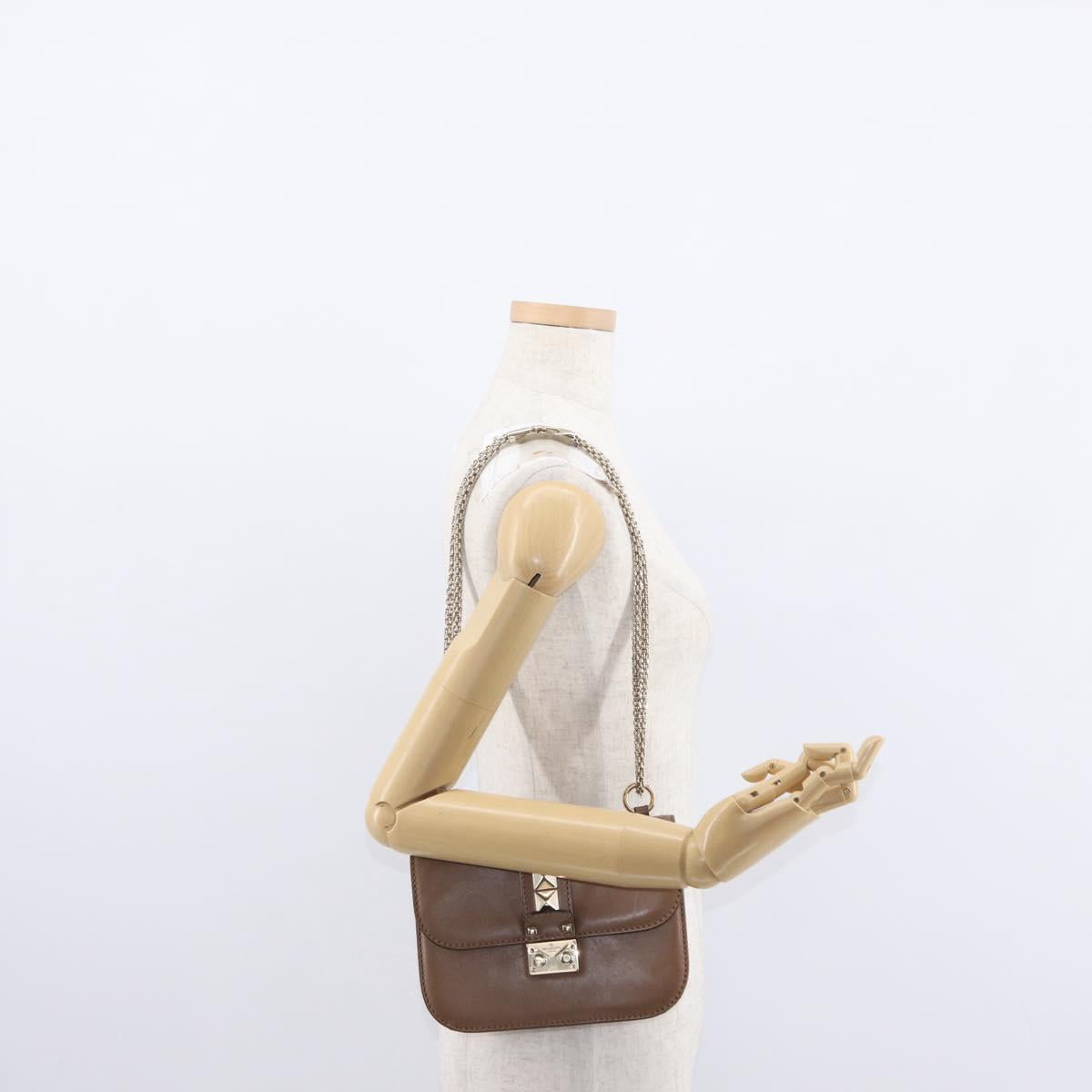 VALENTINO Studs Chain Shoulder Bag Leather Brown Gold Auth bs31220