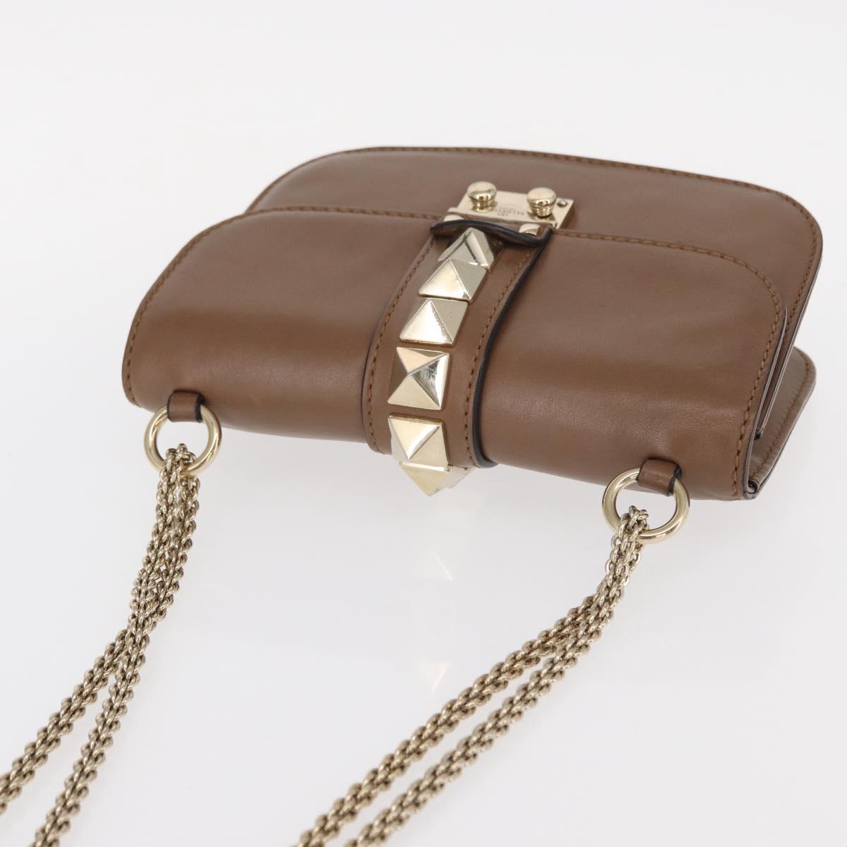 VALENTINO Studs Chain Shoulder Bag Leather Brown Gold Auth bs31220