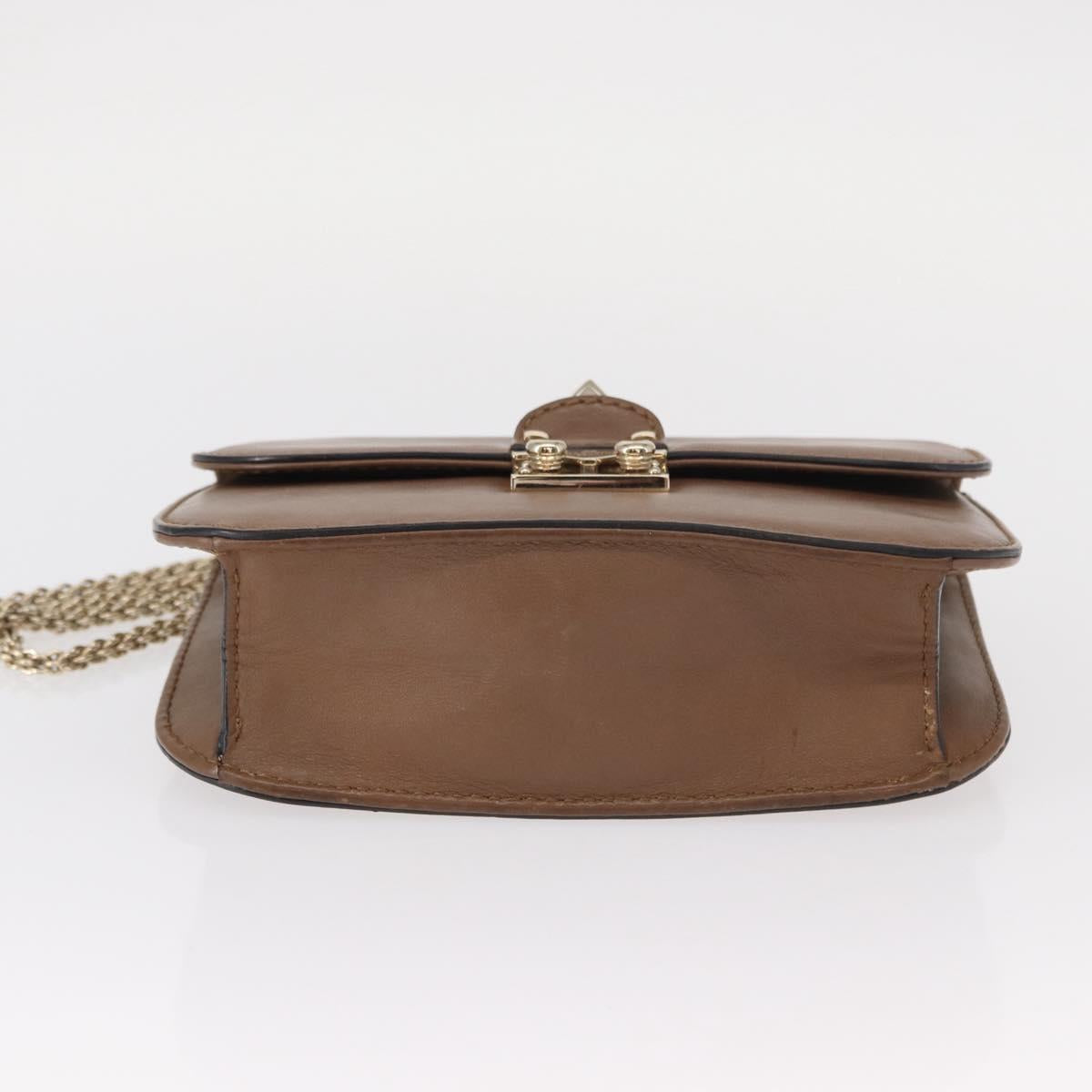 VALENTINO Studs Chain Shoulder Bag Leather Brown Gold Auth bs31220