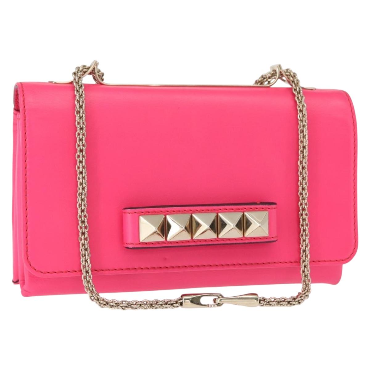 VALENTINO Studs Chain Shoulder Bag Leather Pink Gold Auth bs31221