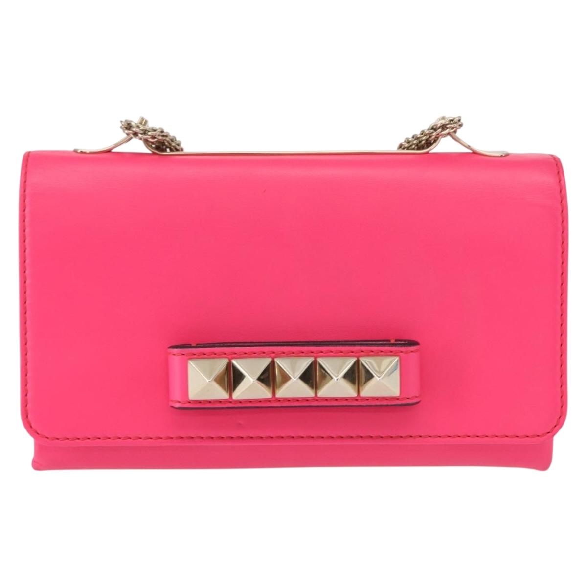 VALENTINO Studs Chain Shoulder Bag Leather Pink Gold Auth bs31221