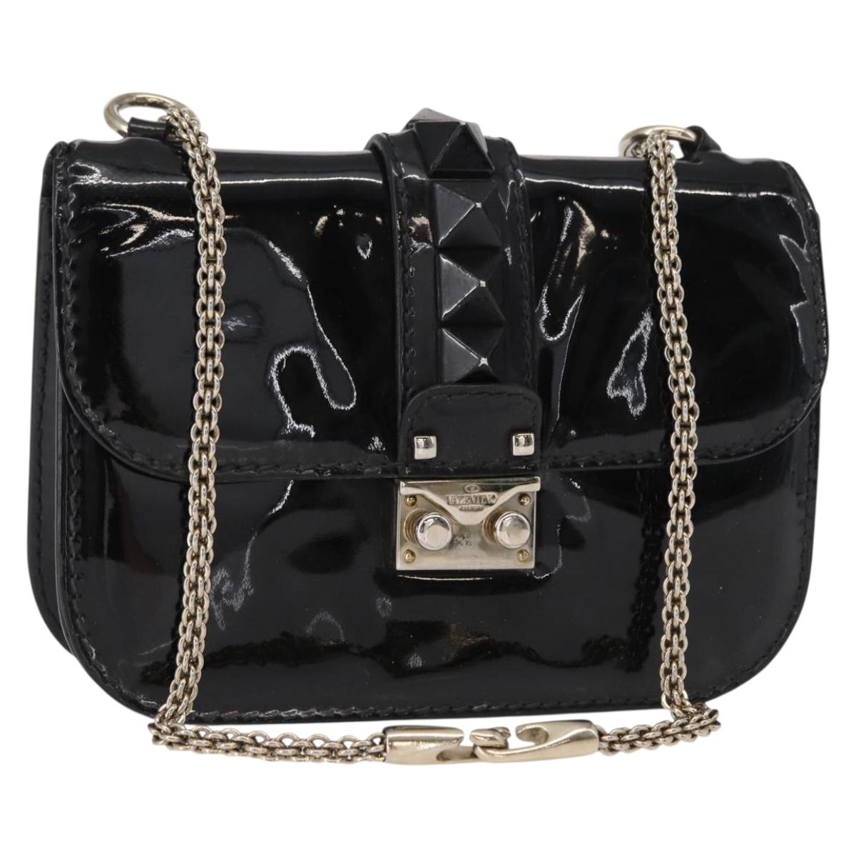 VALENTINO Studs Chain Shoulder Bag Enamel Black Silver Auth bs31222