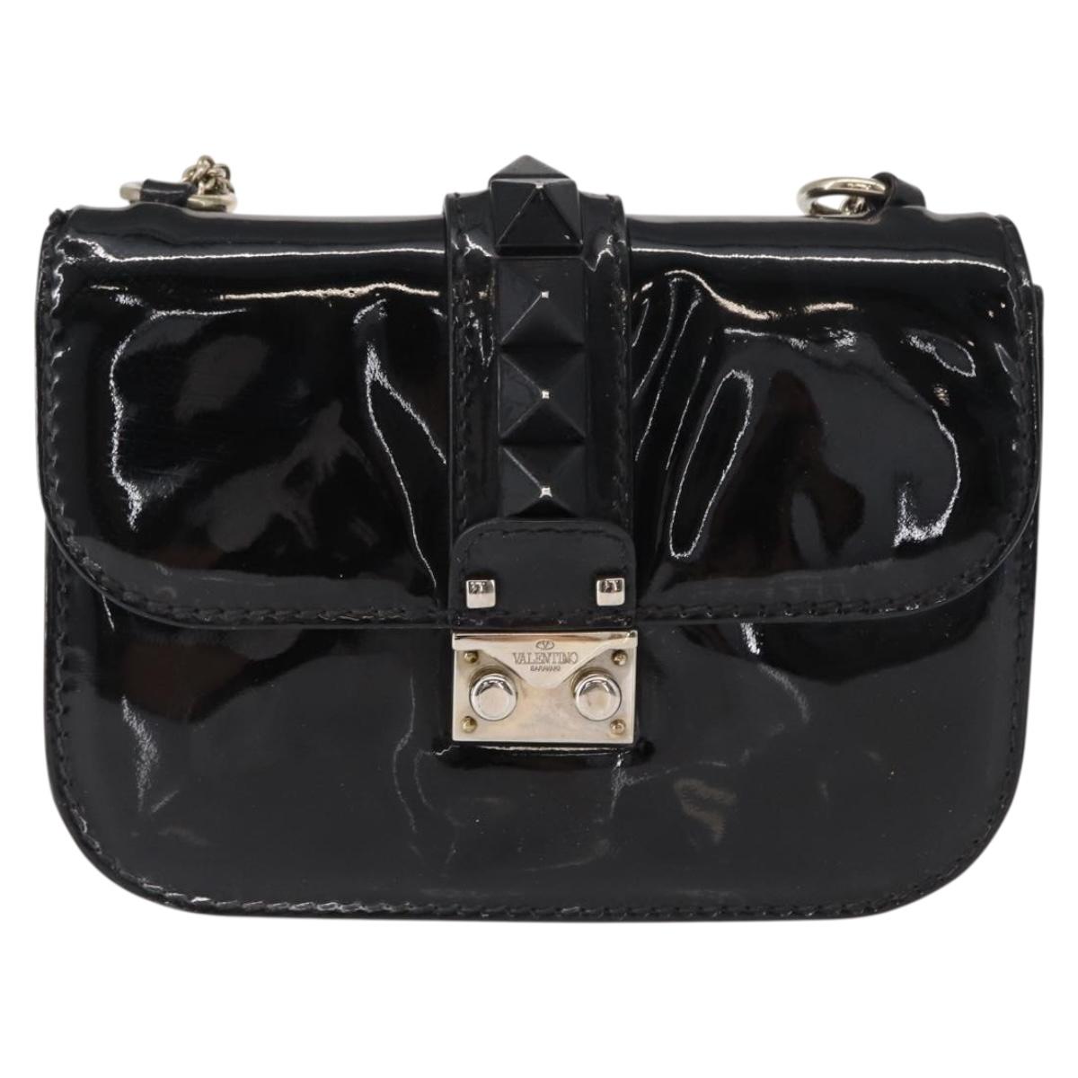 VALENTINO Studs Chain Shoulder Bag Enamel Black Silver Auth bs31222
