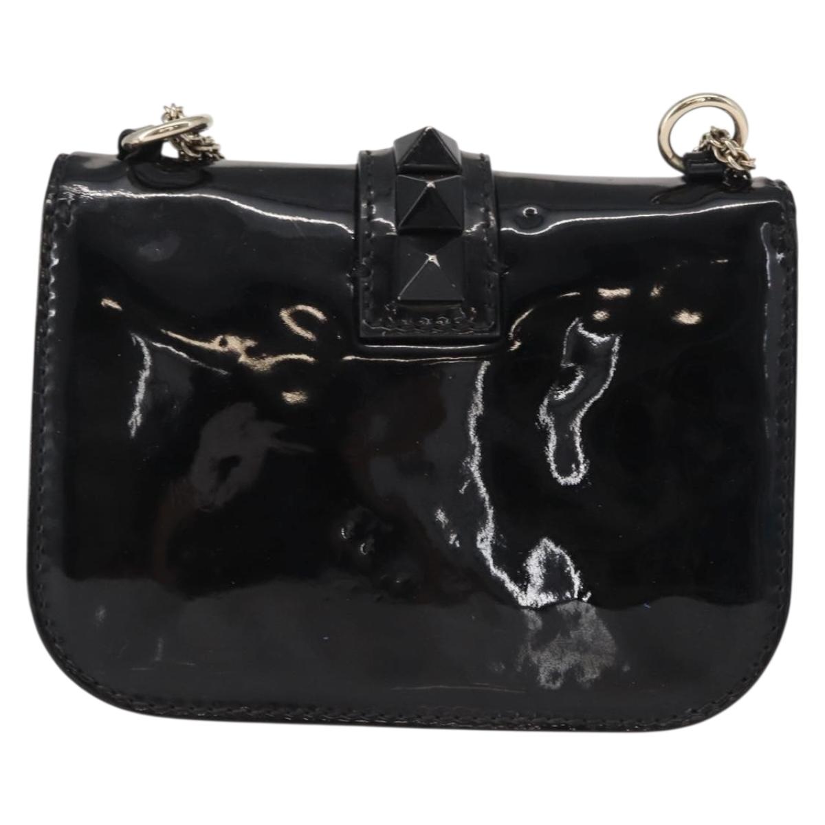 VALENTINO Studs Chain Shoulder Bag Enamel Black Silver Auth bs31222