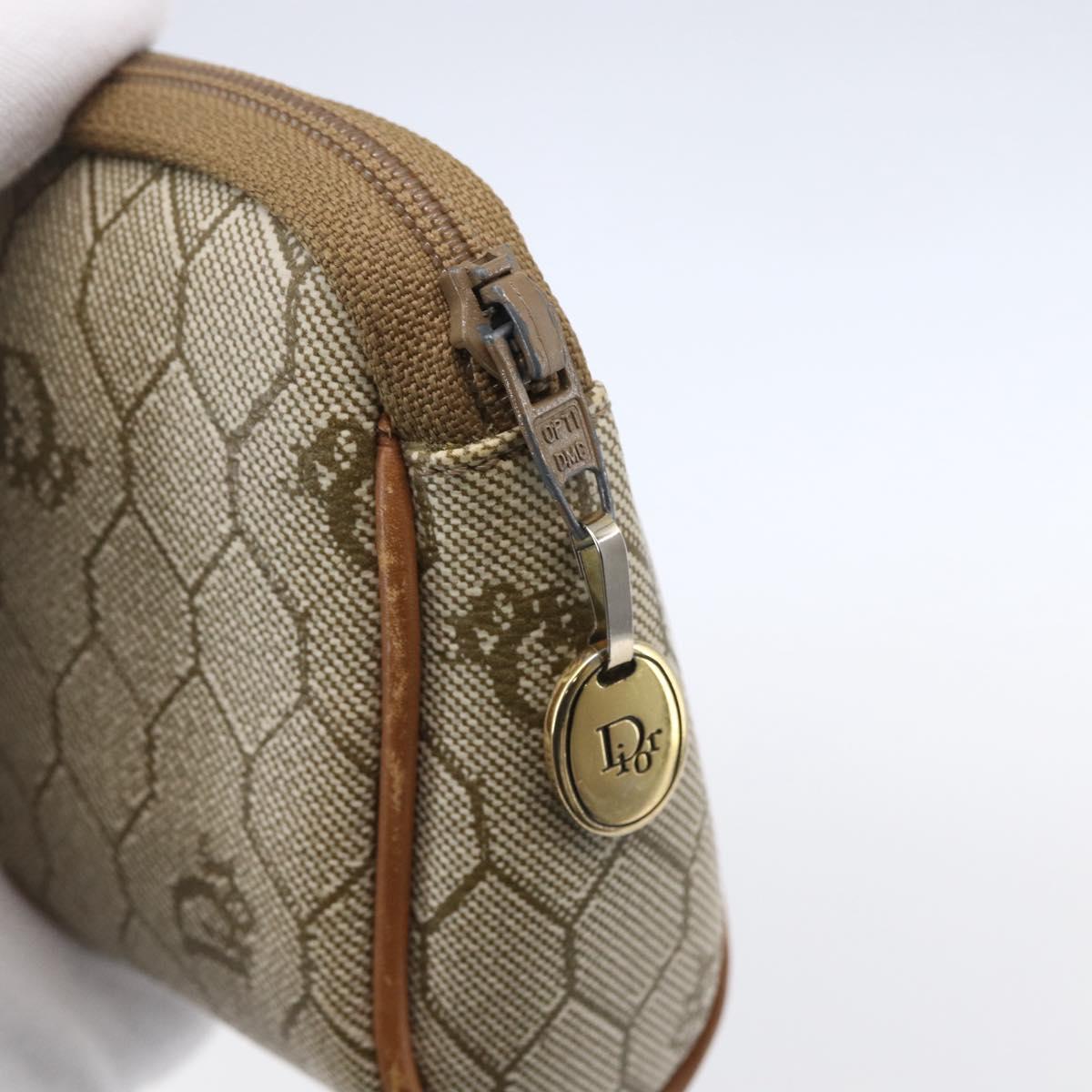 Christian Dior Honeycomb Canvas Pouch PVC Beige Gold Auth bs31266