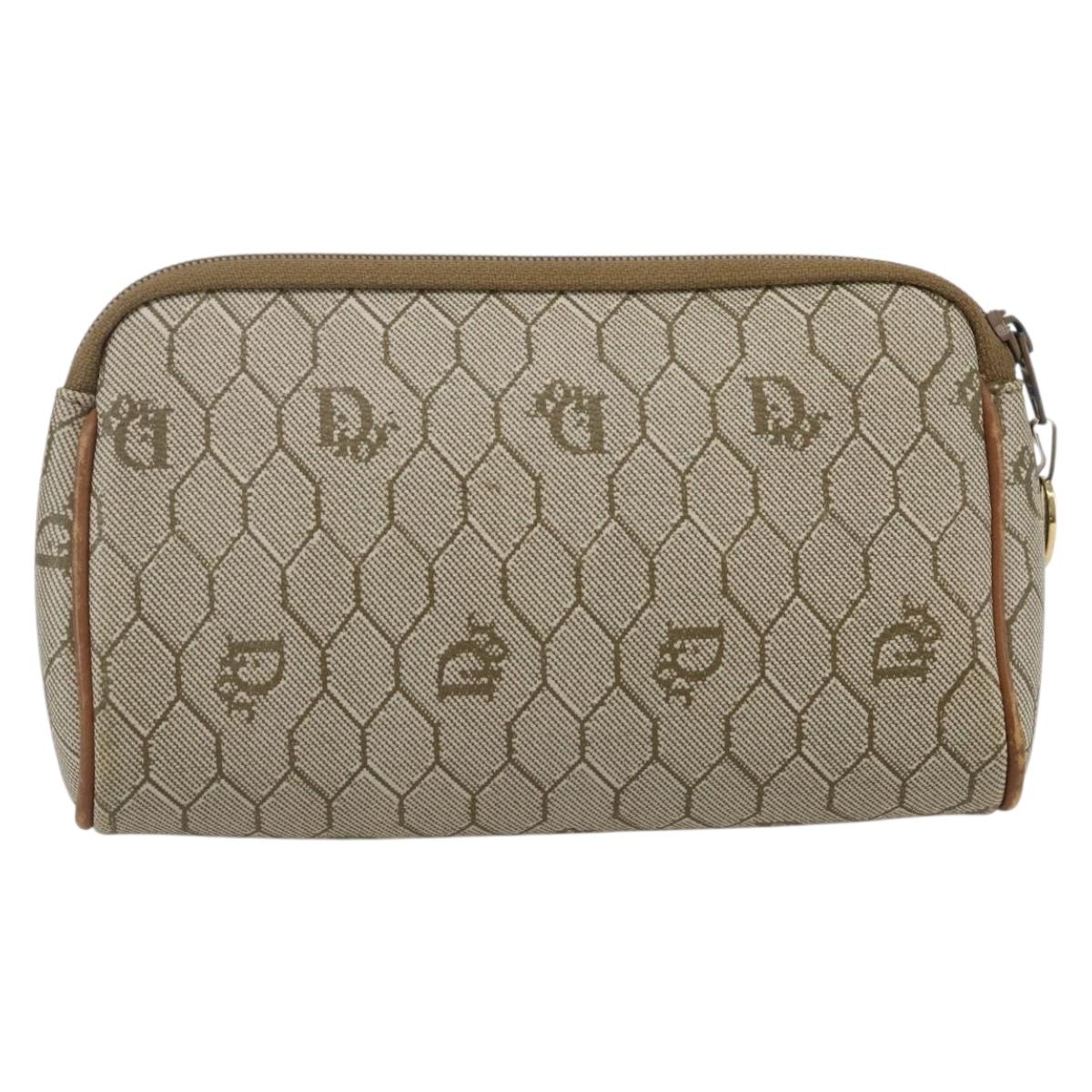 Christian Dior Honeycomb Canvas Pouch PVC Beige Gold Auth bs31266