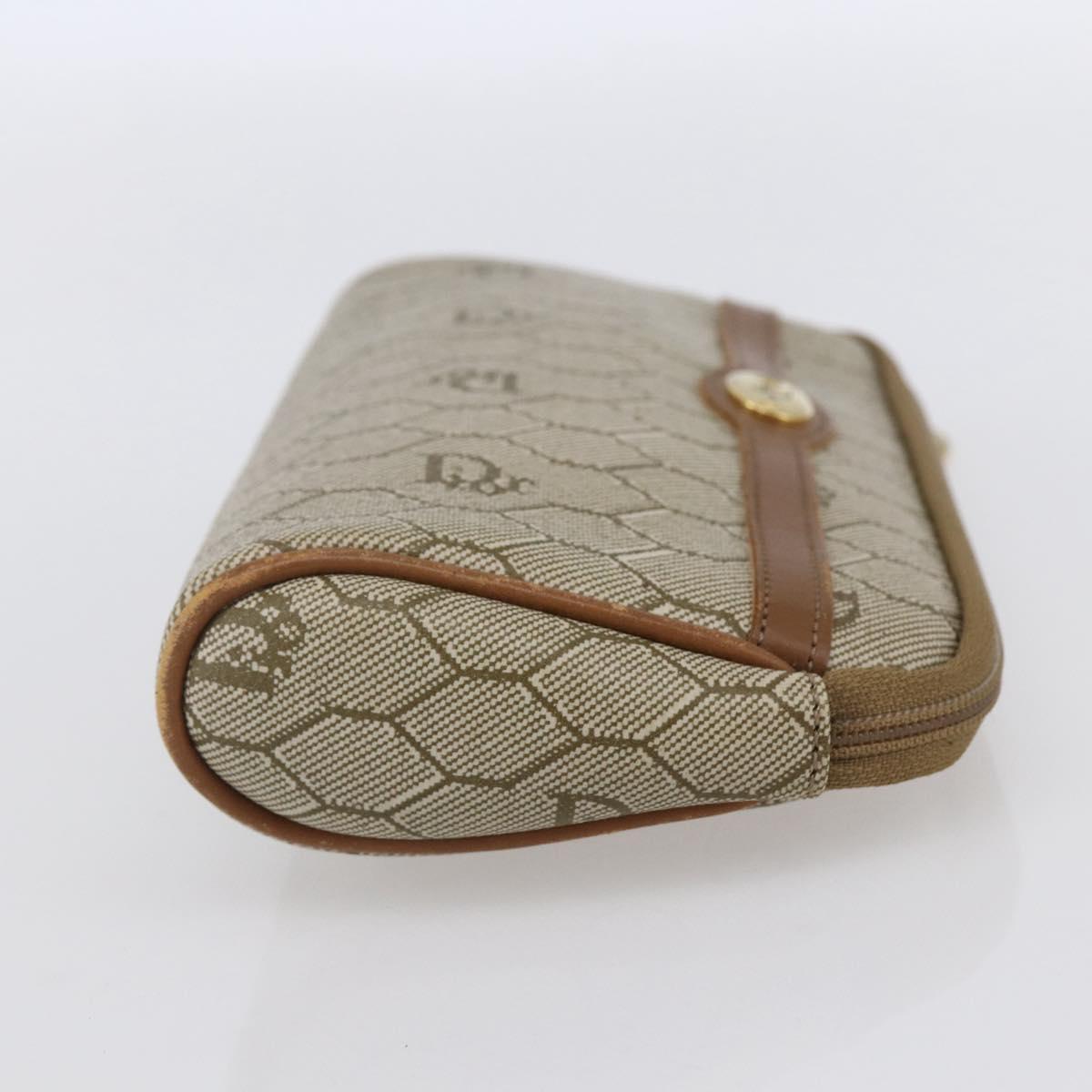 Christian Dior Honeycomb Canvas Pouch PVC Beige Gold Auth bs31266