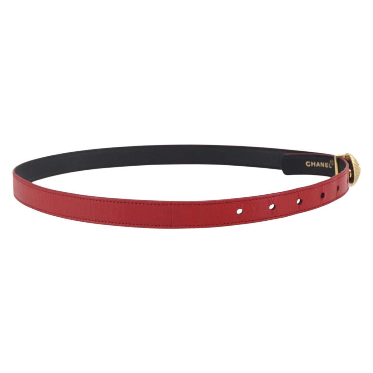 CHANEL Belt Leather 32.7"" Red Gold CC Auth bs31268