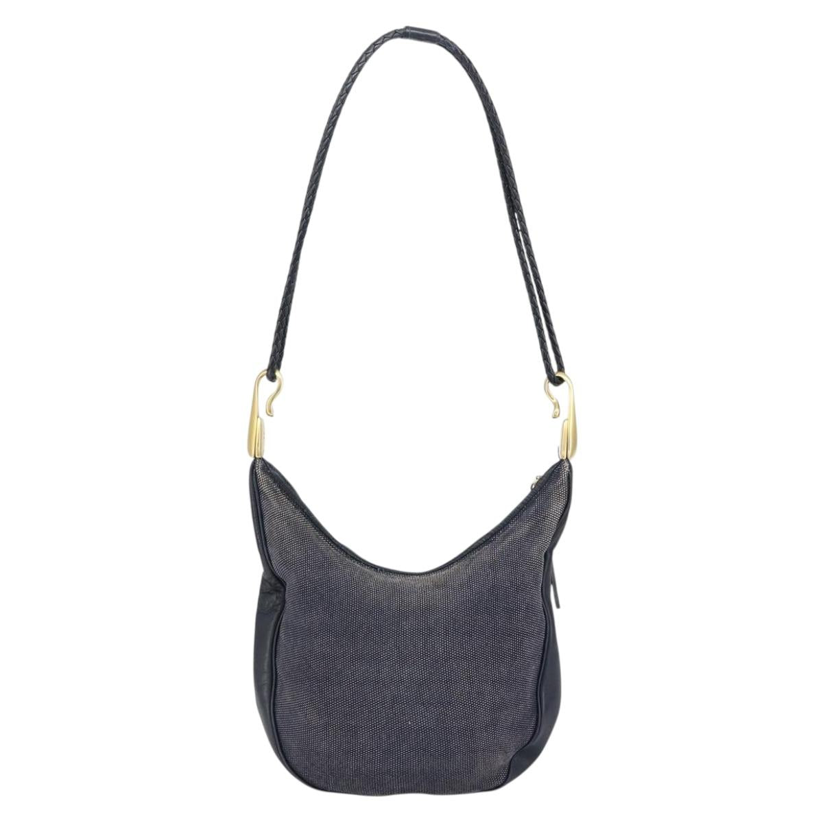 CELINE Shoulder Bag Canvas Leather Navy Gold Auth bs31271