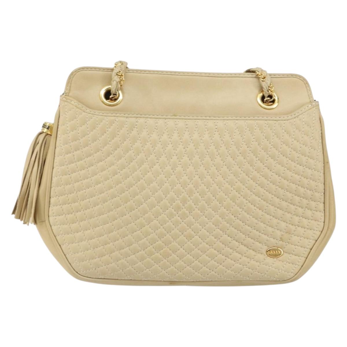 BALLY Chain Shoulder Bag Leather Beige Gold Auth bs31350