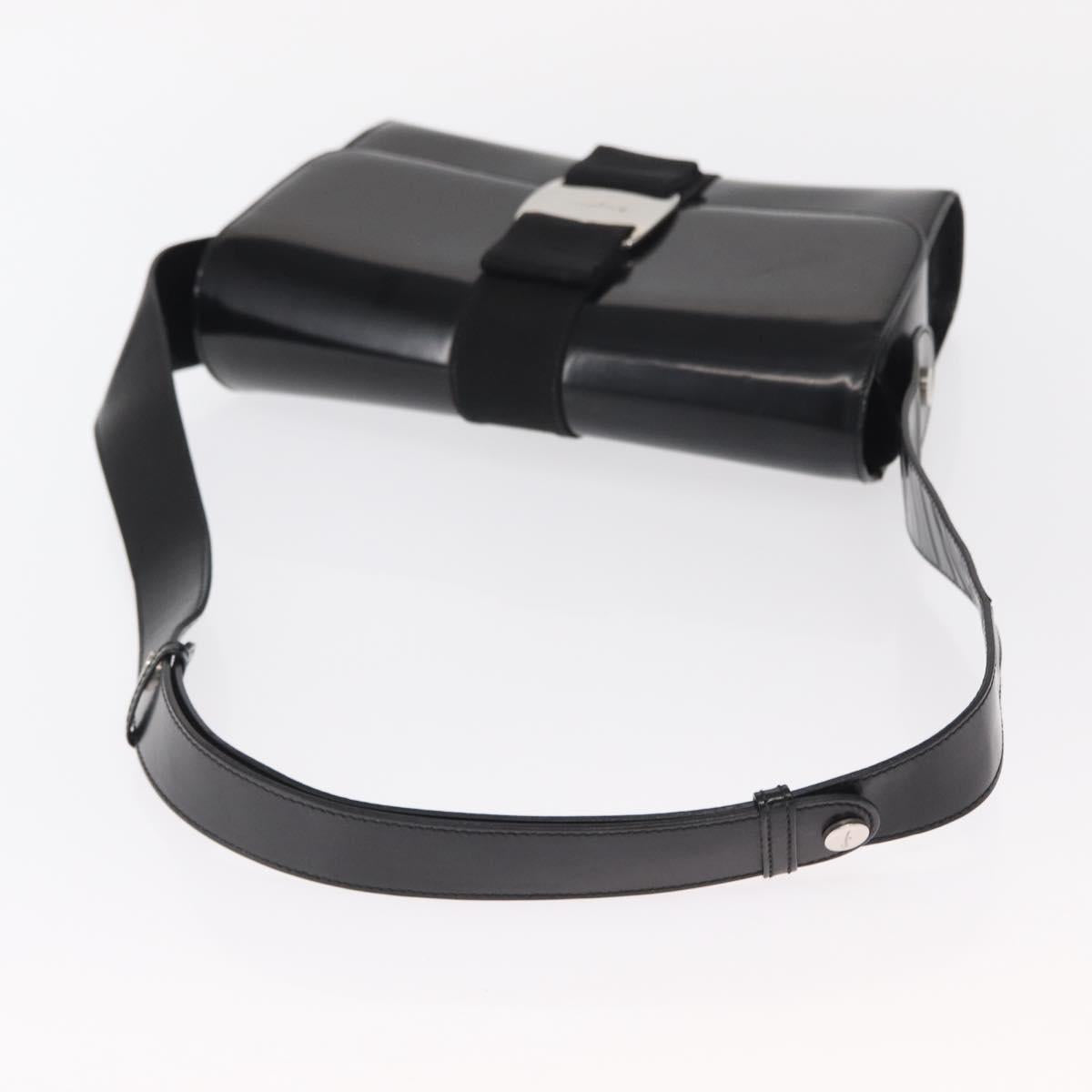 Salvatore Ferragamo Vala Shoulder Bag Nylon Enamel Black Silver Auth bs31354