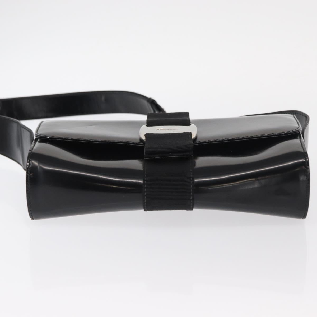 Salvatore Ferragamo Vala Shoulder Bag Nylon Enamel Black Silver Auth bs31354