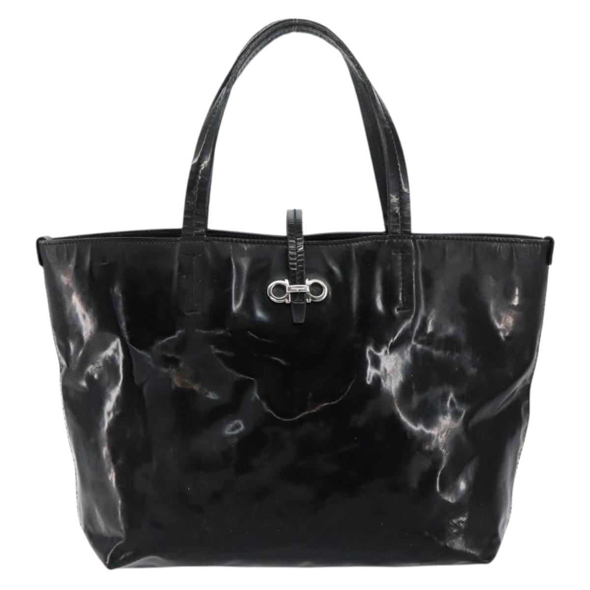 Salvatore Ferragamo Gancini Tote Bag Enamel Black Silver Auth bs31355