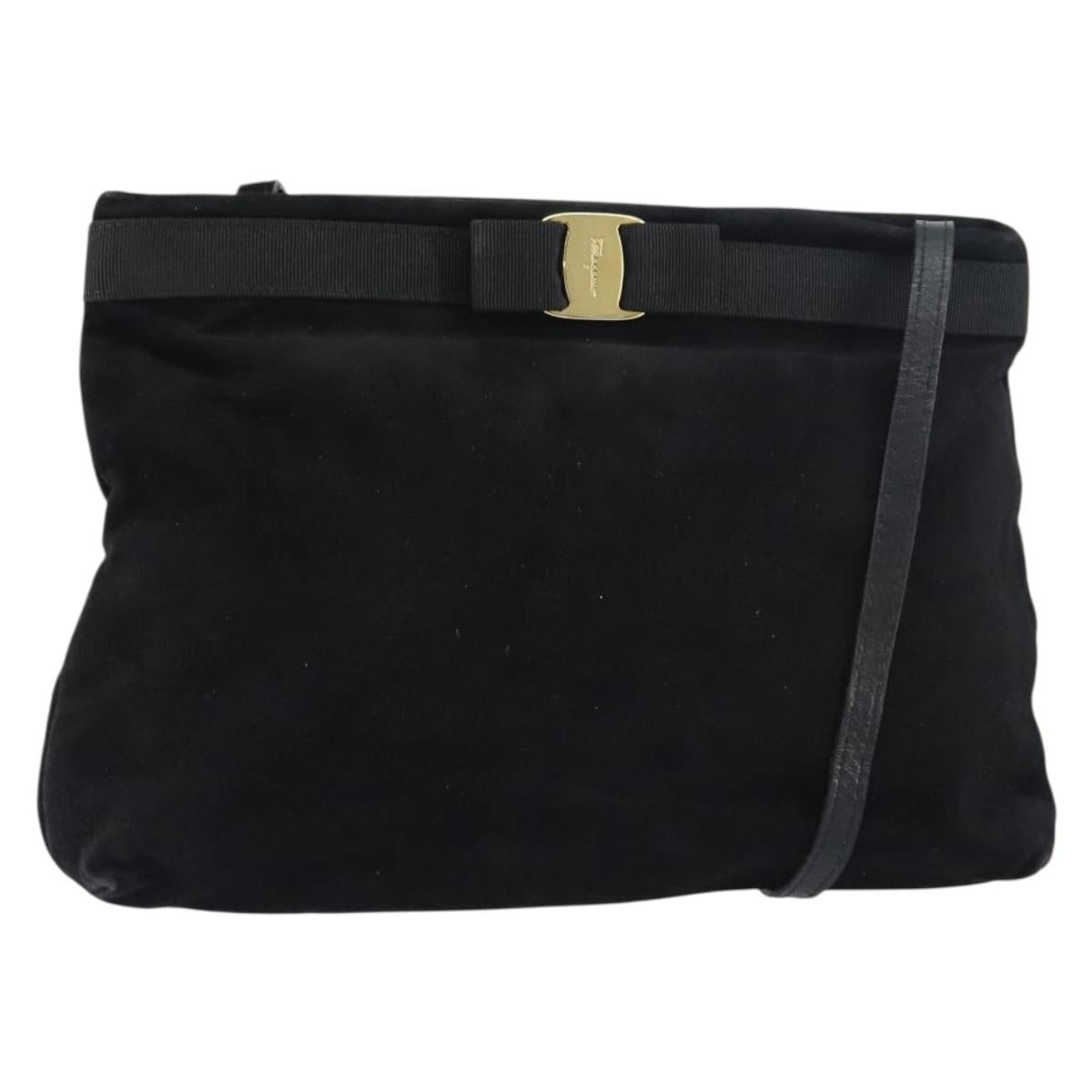 Salvatore Ferragamo Vala Shoulder Bag Suede Black Gold Auth bs31358