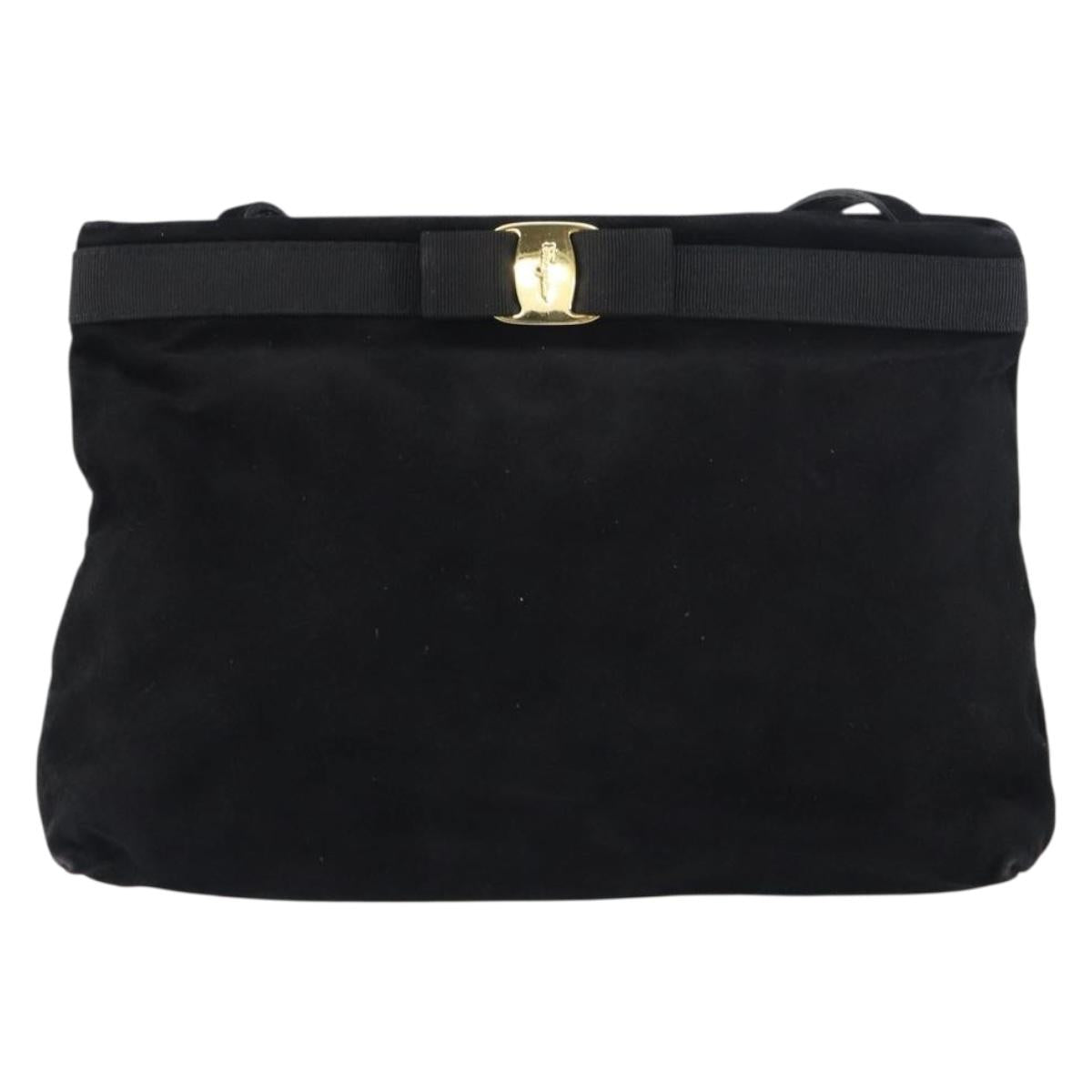 Salvatore Ferragamo Vala Shoulder Bag Suede Black Gold Auth bs31358