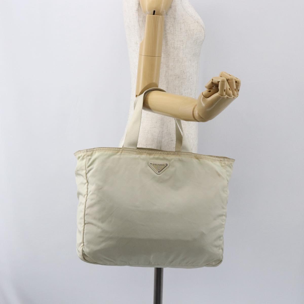 PRADA Tote Bag Nylon Beige Silver Auth bs31362