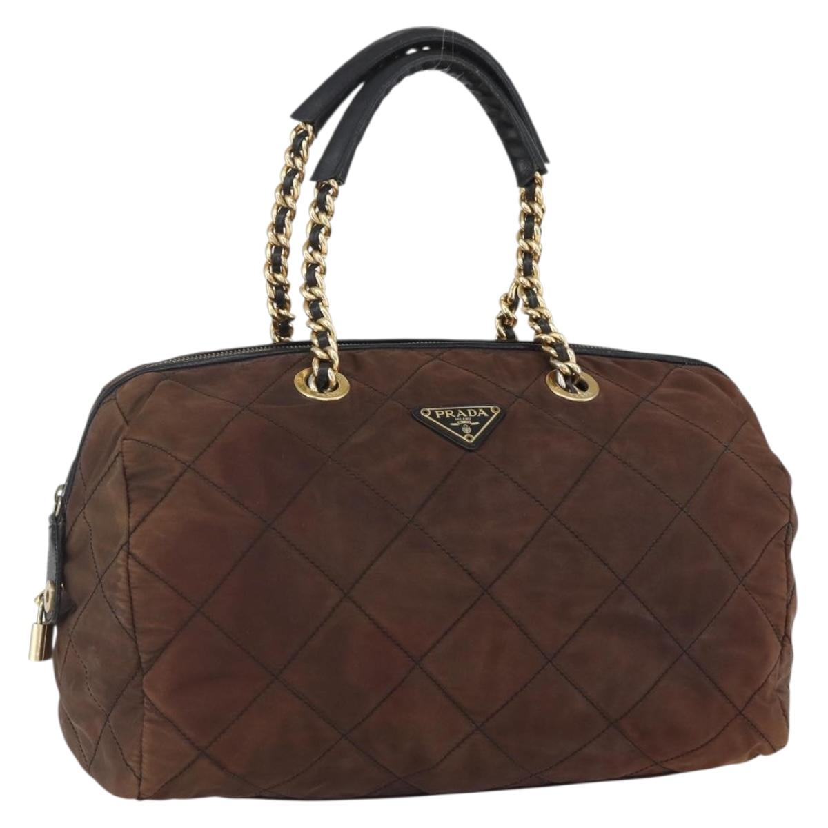 PRADA Chain Hand Bag Nylon Brown Gold Auth bs31367