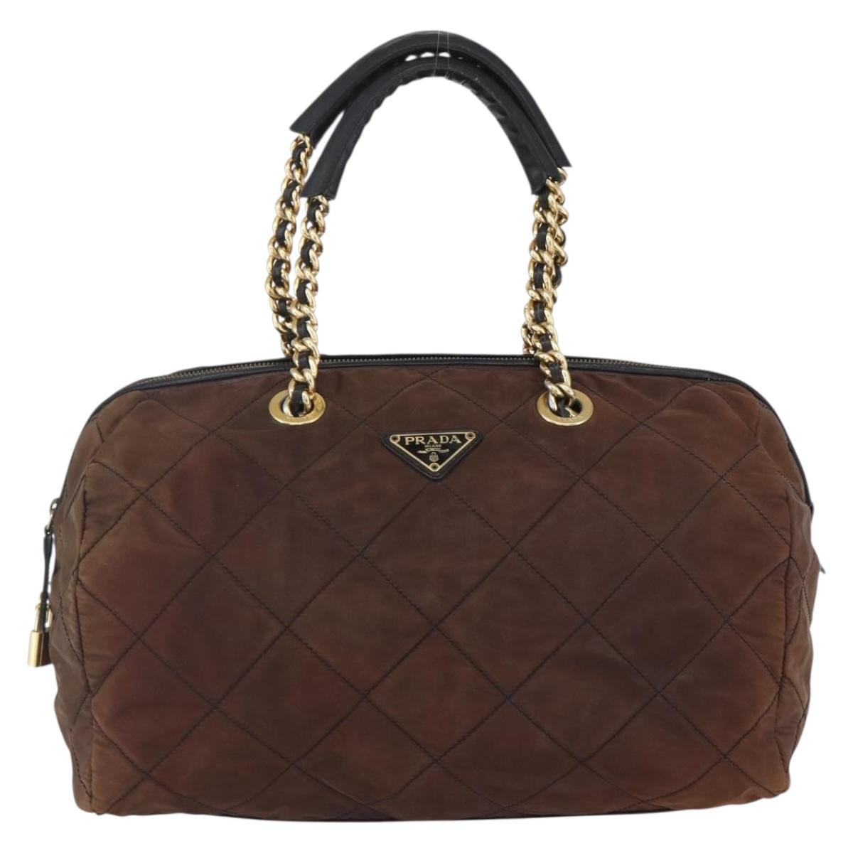 PRADA Chain Hand Bag Nylon Brown Gold Auth bs31367