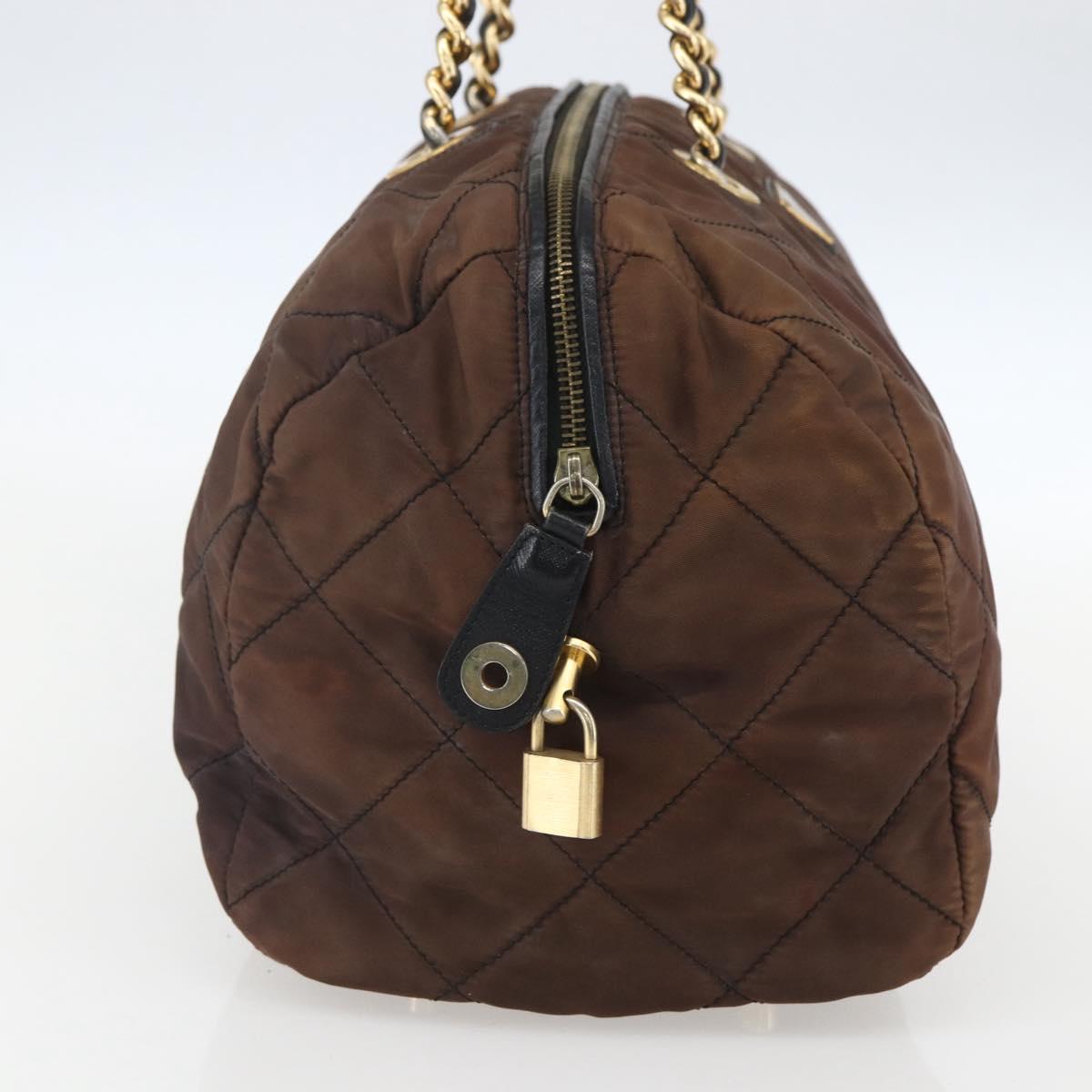 PRADA Chain Hand Bag Nylon Brown Gold Auth bs31367