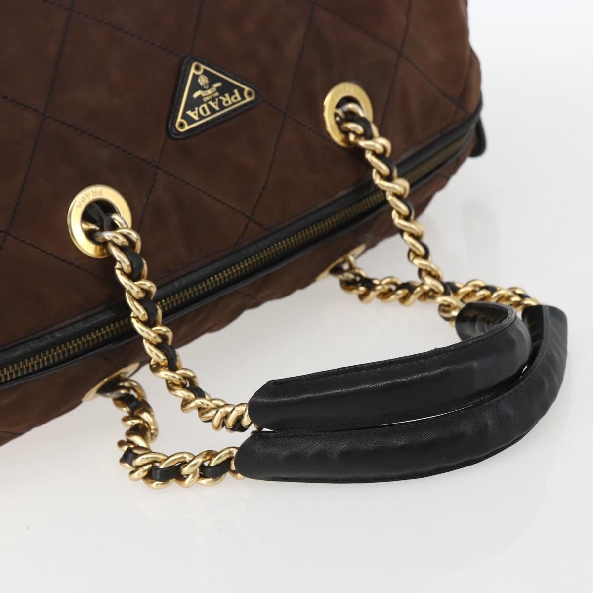 PRADA Chain Hand Bag Nylon Brown Gold Auth bs31367