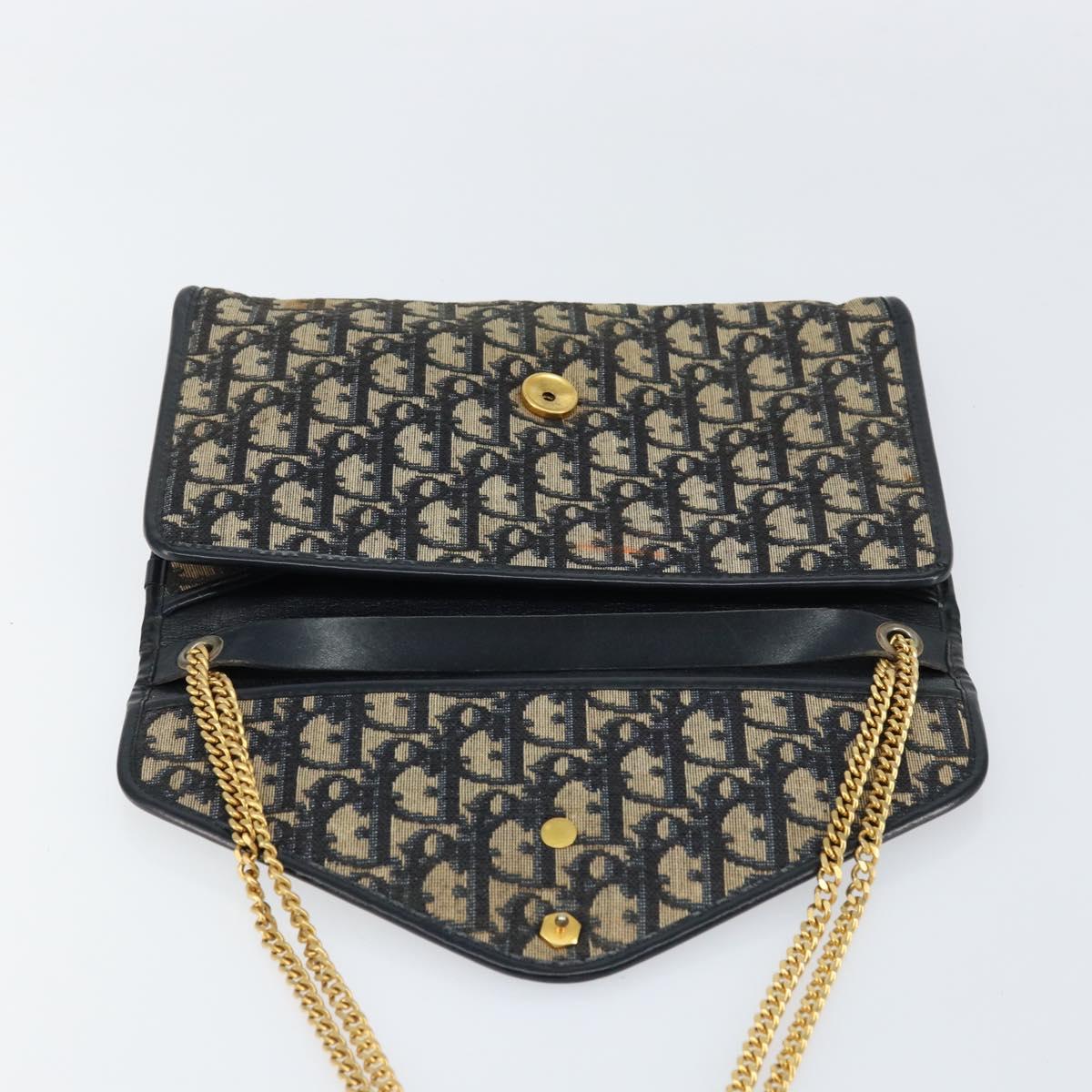 Christian Dior Trotter Canvas Chain Shoulder Bag Navy Gold Auth bs31375