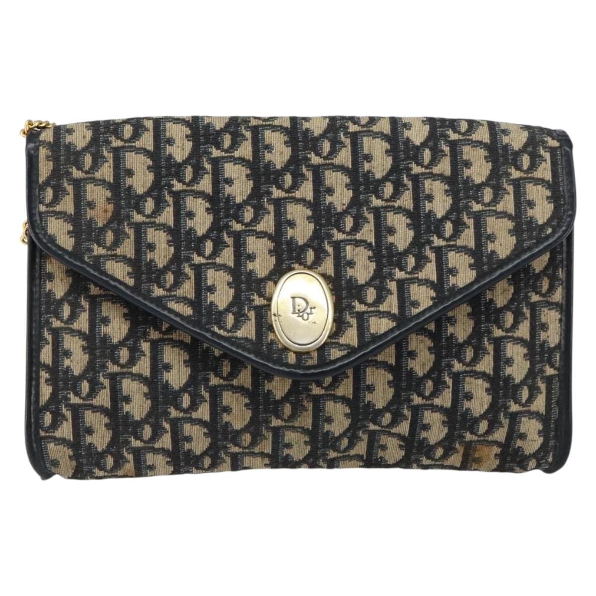Christian Dior Trotter Canvas Chain Shoulder Bag Navy Gold Auth bs31375