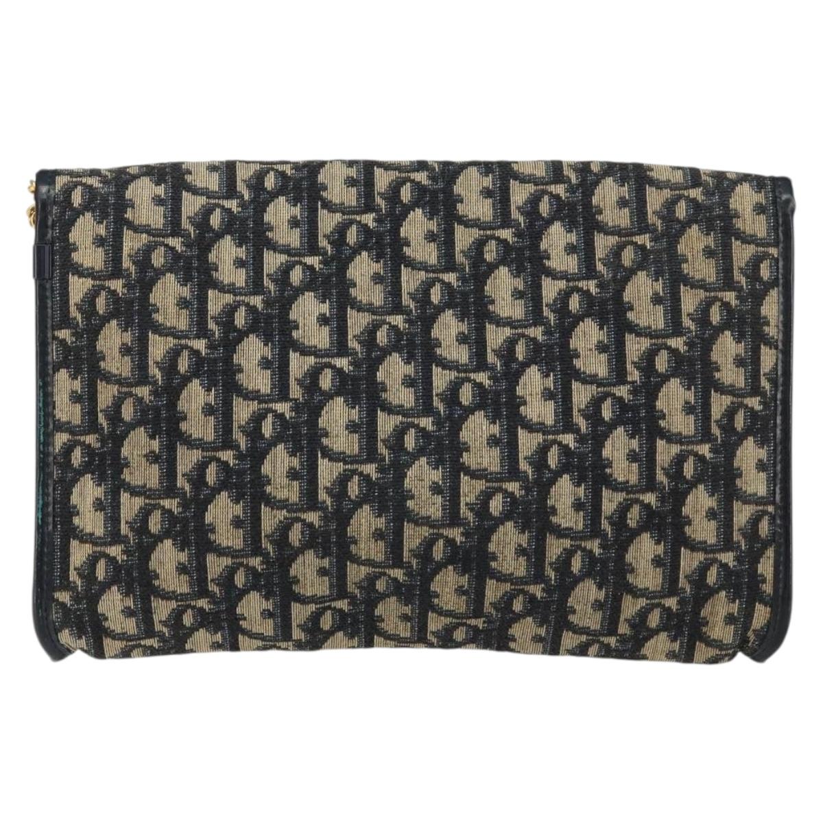 Christian Dior Trotter Canvas Chain Shoulder Bag Navy Gold Auth bs31375