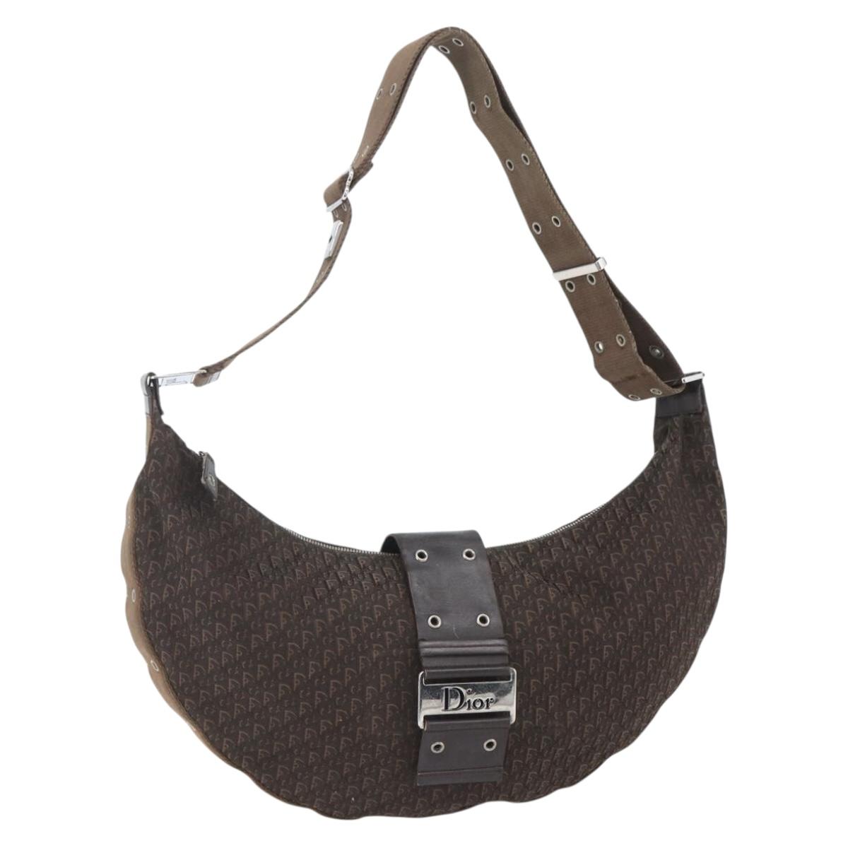 Christian Dior Trotter Canvas Street Chic Shoulder Bag Brown Silver Auth bs31376